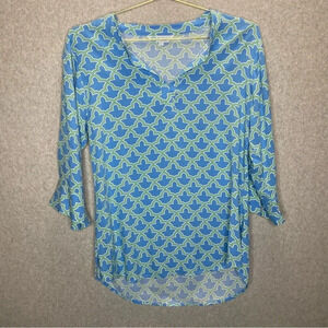 Escapada Printed Blue Yellow Notch Neck Pullover Tunic Top